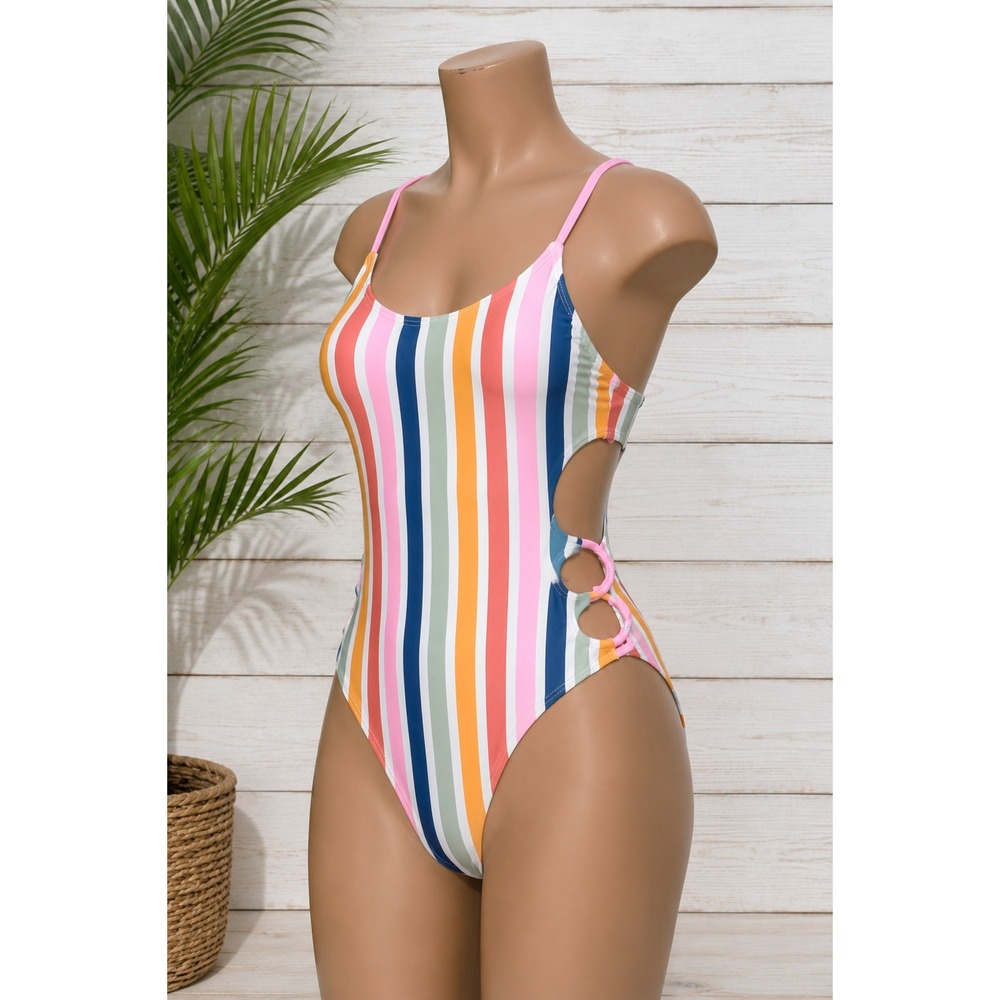 California Sunshine Striped Cutout One-Piece Swimsuit | Multicolor | Size Large